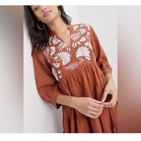 Anthropologie Samant Chauhan Dress M Embroidered Tiered Mini Babydoll Spice Boho - Picture 7 of 15